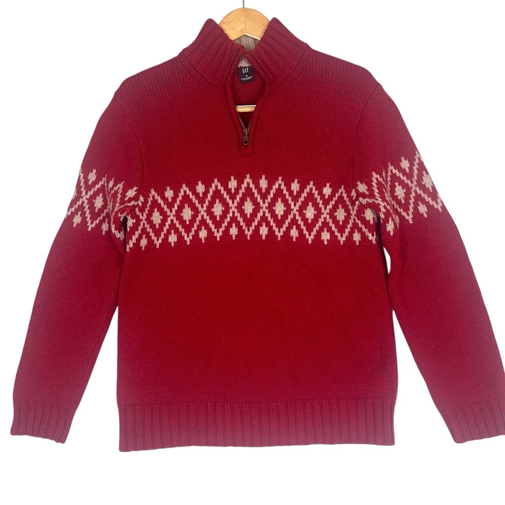 Vintage Gap Lambswool Ski Sweater Mens Medium 1/4 Zip Fair Isle Red White Knit
